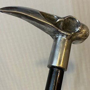 May include: A silver metal walking stick with a bird skull handle. The handle is detailed with a beak and eye sockets.