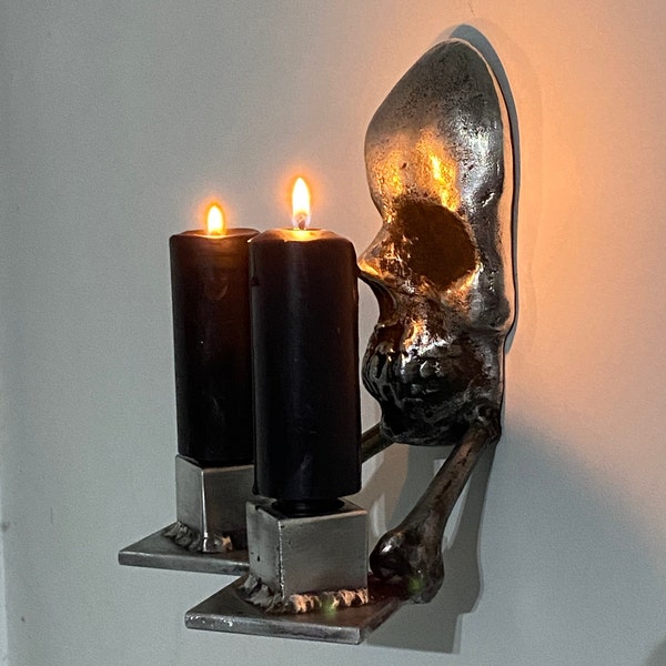 Large skull wall sconce for 2 candles