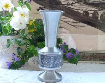 Selandia Pewter Vase: Norsk Tinn, Nautical Fishermen Scene, 1960s Decor
