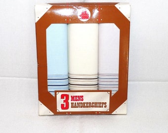 Mens Handkerchiefs, Set of Three, 100% Cotton, 1970's, In Original Box, Mens Hankies x 3, Boxed, Mens Hankies, Mens Hanky's, Pocket Squares