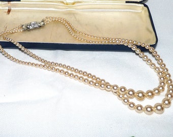 1950s Faux Pearl Necklace: Double Row Rhinestone Clasp