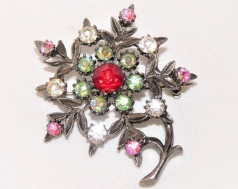 Vintage Rhinestone Flower Brooch: Antique Silver Mid-Century Pin