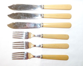 Fish Knives and Forks, Mappin and Webb, 3 Place Setting, Ivorine Handles, Faux Bone Handles, A1 Plate