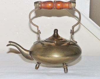 Vintage Brass Teapot: Handmade Toddy Kettle with Wooden Handle