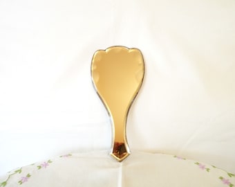1930s Blush Pink Glass Hand Mirror: Bevelled Scalloped Boudoir Decor
