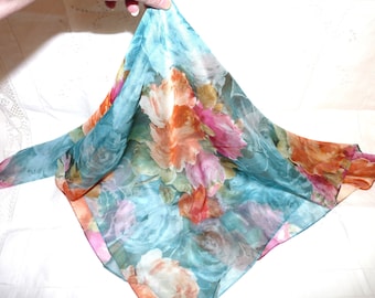 Floral Chiffon Scarf: Blue, Orange, Pink Flower Print, Made in Italy