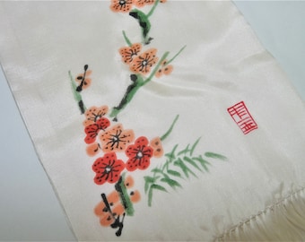 Oriental Silk Scarf: Hand Painted Cherry Blossom Fringe Scarf