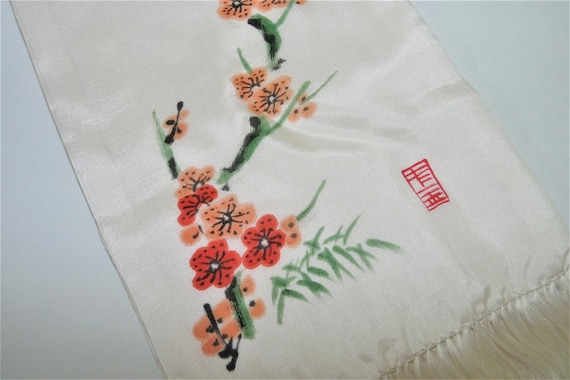 Oriental Silk Scarf: Hand Painted Cherry Blossom Fringe Scarf