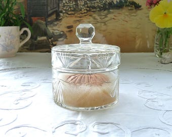Art Deco Cut Glass Vanity Pot with Swansdown Powder Puff: Peach Pink, 1920s