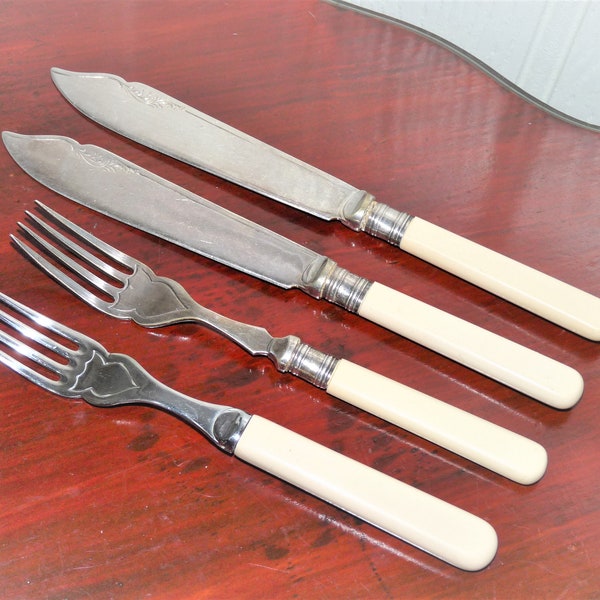 Vintage Fish Cutters and Forks, Composite Handles, Mismatched Set, Engraved Pattern, EPNS, flatware, cottage chic