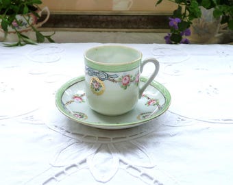 Nippon Bone China Demitasse Cup and Saucer: Green Band Roses, Rare Pattern