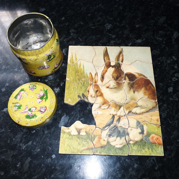 Wooden Jigsaw Puzzle, Bunny Rabbit Theme, Jigsaw in Tin, Cotton Tail Toy, Incomplete Jigsaw, Set Prop, Photographers Prop, 1960's Toy