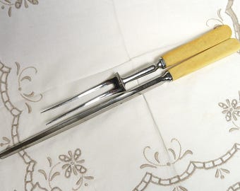 Vintage Carving Fork and Sharpener Set, Ivorine Handles, Stainless Steel