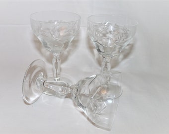 Edwardian Sherry Glasses Set: Hand-Etched Liqueur Stemware
