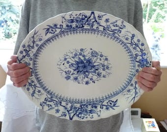 Antique Keeling & Co Serving Platter: 1890s Blue White China, 17.5"