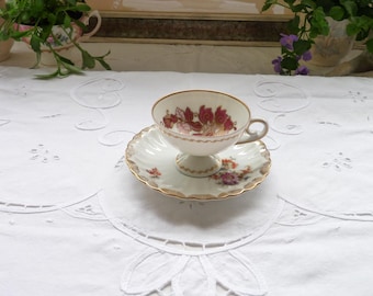 Württemberg Bone China Demitasse Cup and Saucer: Floral Pattern, Gilt Accents