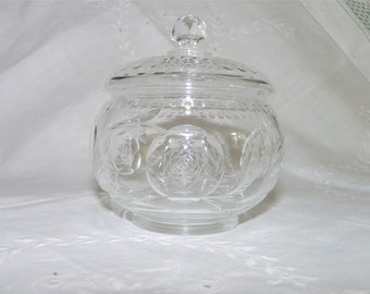 Vintage Pressed Glass Trinket Dish with Lid: Rose Pattern Jewelry Storage