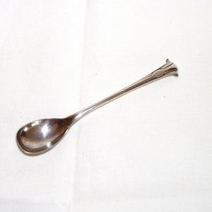 May include: A silver teaspoon with an ornate handle and a rounded bowl.