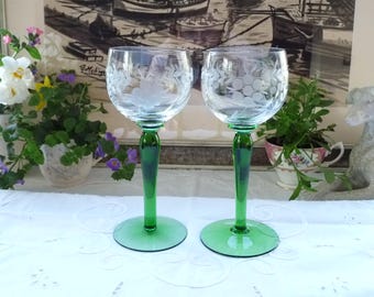 Vintage Crystal Wine Glasses: Green Stem, Floral Etched Bowls, Set of 2