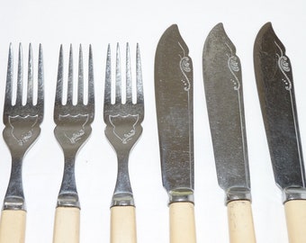 Vintage Fish Cutlery Set: Chromium Plated, Faux Bone Handles, Made in England