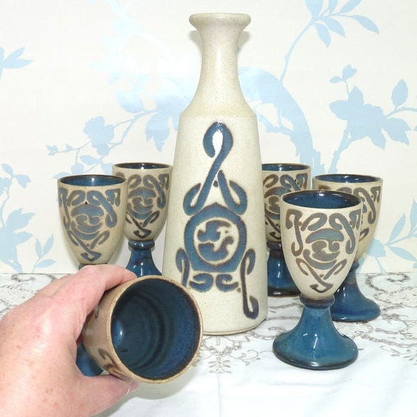 Laugharne Pottery Cadw Celtic Design Carafe and Goblets, Bottle and Challics, Welsh Studio Pottery, Made in Wales, Hand crafted