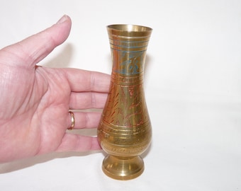Etched Brass Vase: Indian Style Floral Design with Red & Blue Highlights
