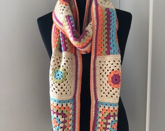 Beautiful Hand Crocheted Granny Square Scarf in Gorgeous Rowan Wool/Cotton Blend 4 Ply Yarn