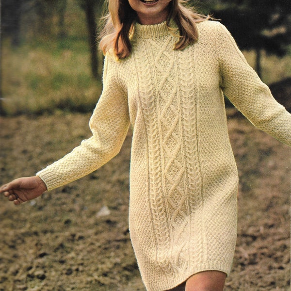 Vintage 1970s Knitting Pattern for an Aran Dress PDF download