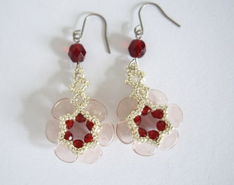 Rose petal earrings, Rosaline earrings, Garnet earrings, Dungle earrings, Beaded earrings, Beadwork earrings, Titanium earwire