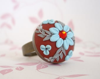 Polymer clay ring, Polymer clay floral ring, Wine red floral ring, Adjustable polymer clay ring, Turquoise flower ring. Handmade ring