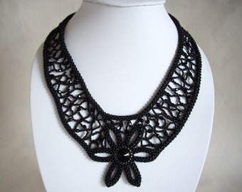 Cubic right-angle-weave necklace, Black flower CRAW necklace, Black rivoli flower, Free style netting, Black beading necklace,  Handmade