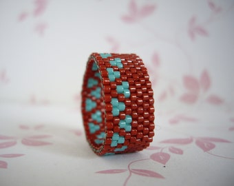 Peyote ring, Woven ring, Seed bead ring, Band ring, Turquoise and chocolate brown  ring, Miyuki delica bead ring, Size US 11 1/2