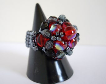 Beaded cocktail ring, Red cocktail ring, Woven ring, Seed bead ring, Beaded ring, Beadwork ring, 6mm round glass ring, Size US 8.5