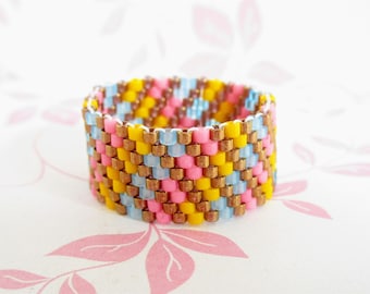 Peyote ring, Woven ring, Seed bead ring, Band ring, pastel colour ring, Stripe pattern ring, Miyuki delica bead ring, Size US 8