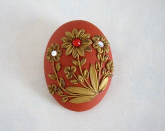 Polymer clay brooch, Wine red and glod brooch, Polymer clay floral brooch, Floral Cameo brooch,