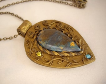 Polymer clay nacklace, Faux Labradorite pendant, Polymer clay gold pendant, Clay embroidered pendant,  Handmade necklace