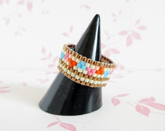Peyote ring, Woven ring, Seed bead ring, Band ring, pastel colour ring, cooper line ring, Miyuki delica bead ring, Size US 8