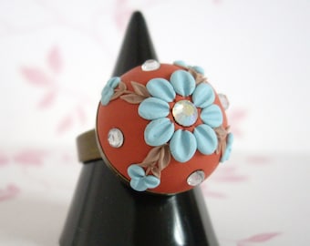 Polymer clay ring, Polymer clay floral ring, Orange floral ring, Adjustable polymer clay ring, Turquoise flower ring. Handmade ring