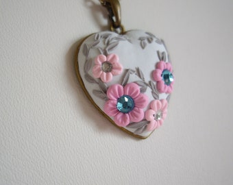 Polymer clay nacklace, Polymer clay floral necklace, Blue floral nacklace, Heart cabochon necklace, Pink flower pendant, Handmade necklace