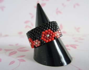 Peyote ring, Woven ring, Seed bead ring, Band ring, Black, red, gold and Choco brown flower ring, Miyuki delica bead ring, Size US 10 1/4