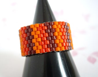 Peyote ring, Woven ring, Seed bead ring, Band ring, Choco brown, orange and light siam ring, Miyuki delica bead ring, Size US 8 3/4