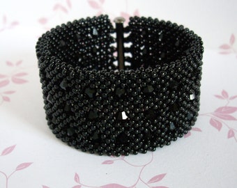 Black bracelet, Cubic-right-angle-weave bracelet, Czech glass bicone bracelat, Beaded bracelet, Beadwork bracelet, Seed bead bracelet