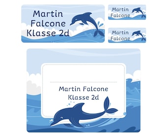 Namensaufkleber Set für die Schule "Delfin", personalisiert