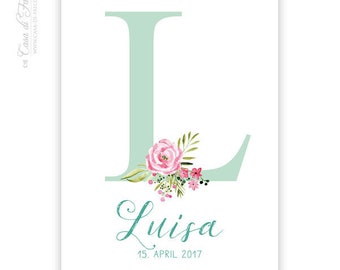 Personalized poster for birth, initial floral