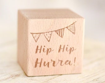 Personalized wooden cube with text of choice, pennant