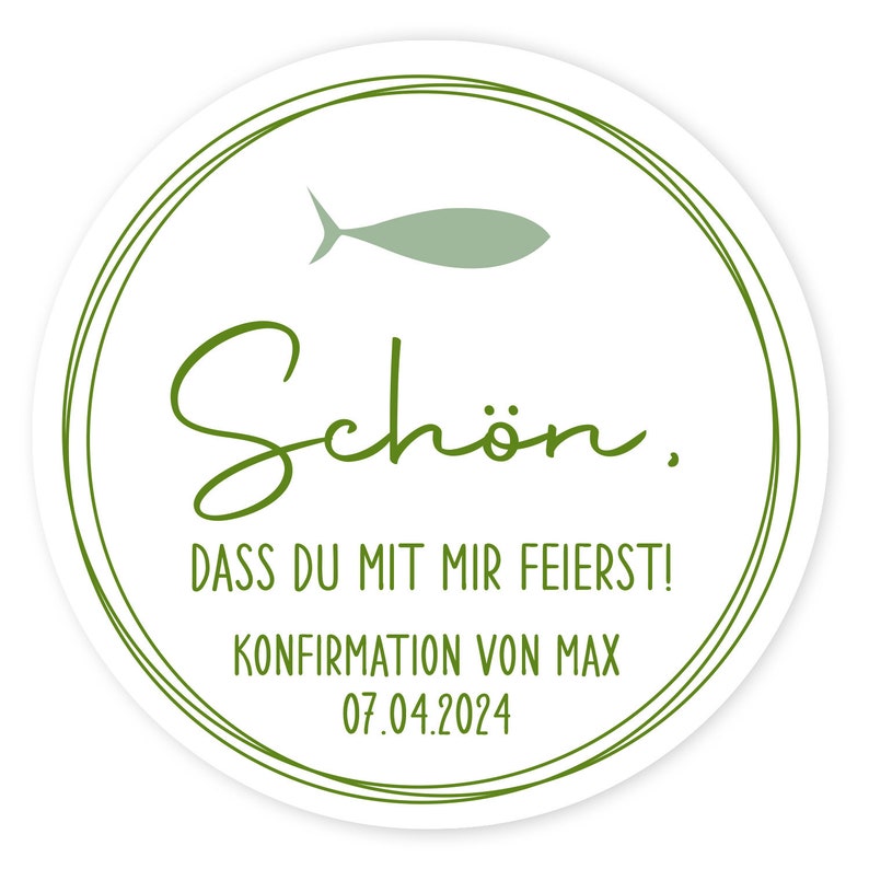 Personalized stickers for communion, baptism, confirmation, fish, modern Olivgrün