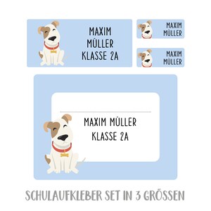 Namensaufkleber Set für die Schule Hund, personalisiert babyblau