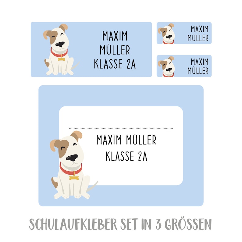 Namensaufkleber Set für die Schule Hund, personalisiert babyblau