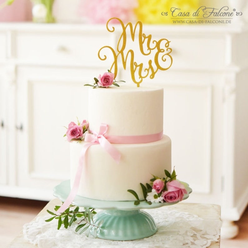 Cake topper wedding Mr & Mrs gold glitter image 3