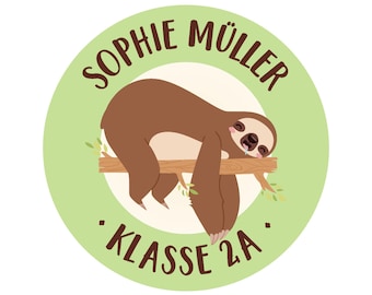 round name sticker "Sloth" for the school, personalized